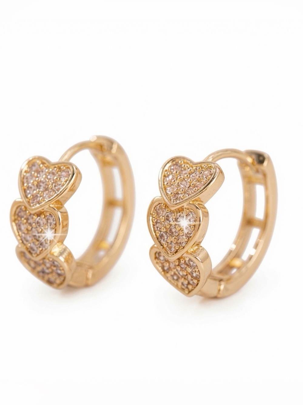 Fashion Jewelry Gold Heart Pavé Triple-Heart Huggie Earrings